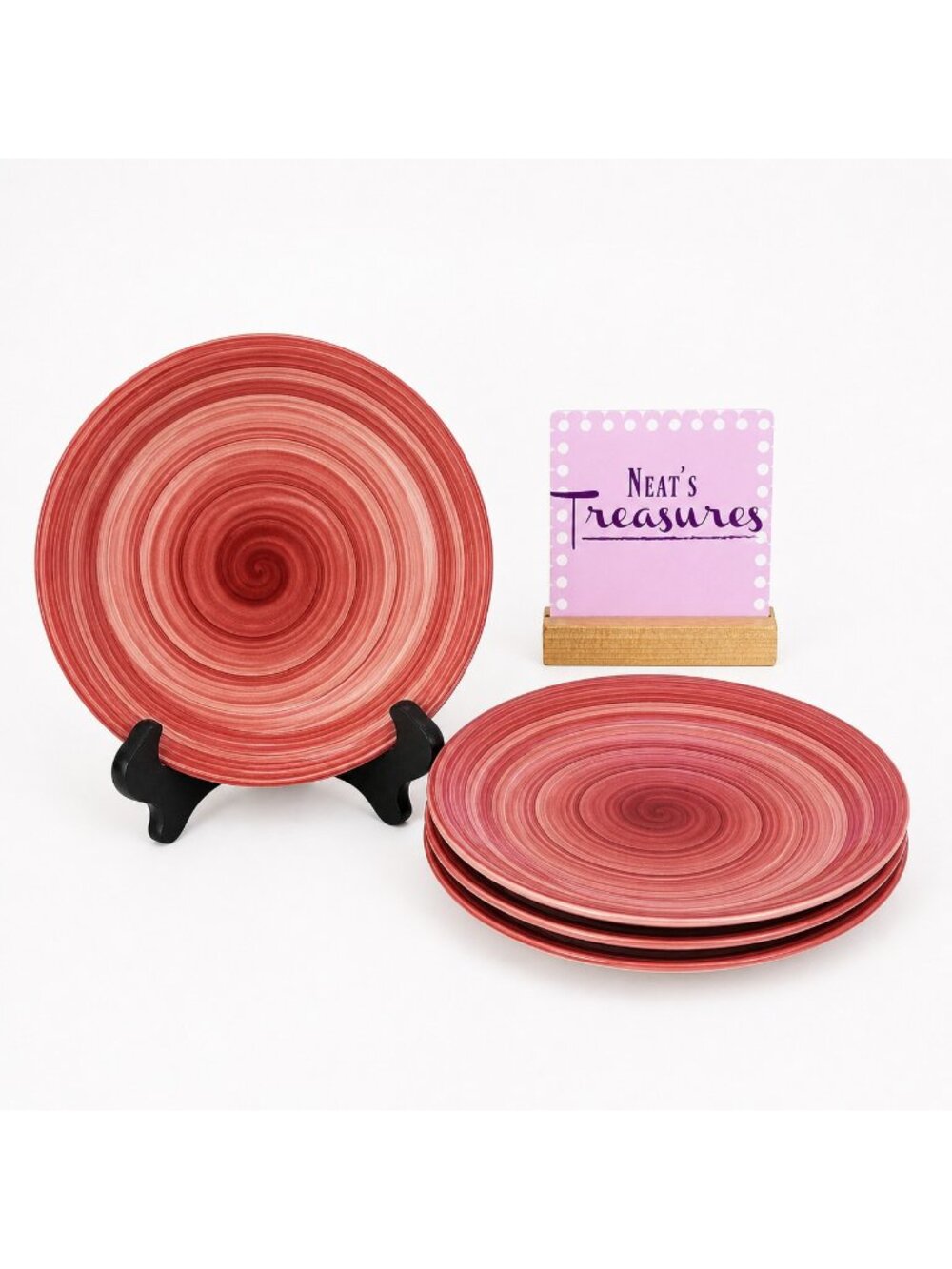 Citrus Grove SWIRL C8G5  Dark Red Pink Hand Paint Stoneware Salad Plate Set Of 4